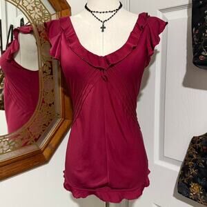 VTG Y2K Bill Burns Burgundy Red Stretchy Silk Beaded Ruffle Flutter Sleeve Top